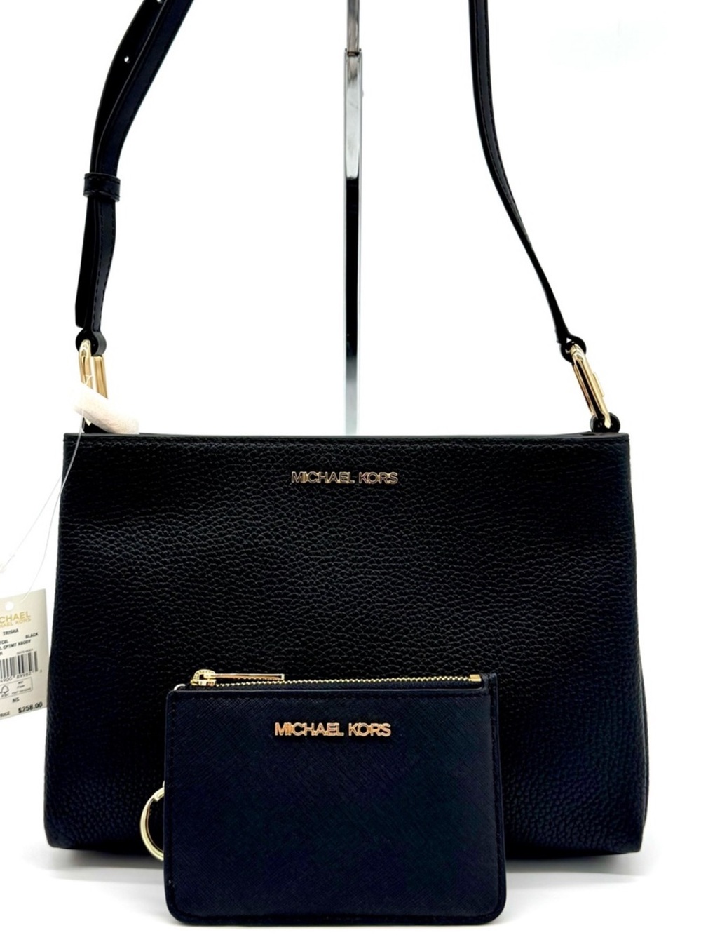 Michael Kors Trisha Medium Pebbled Leather Crossbody Bag w Matching TZ Coinpouch